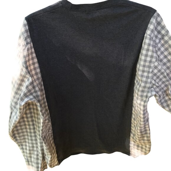 Upcycled Reworked Graphic Tshirt, Small to Medium: Saxophone Theme Plaid Shirt - Picture 3 of 12